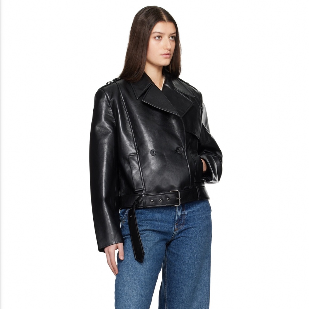 Anine Bing Black Leather Double-Breasted Belted Jacket